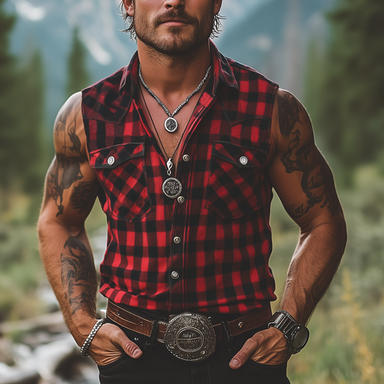 Men's Summer Western Cowboy Style Plaid Sleeveless Shirt DTT25060524