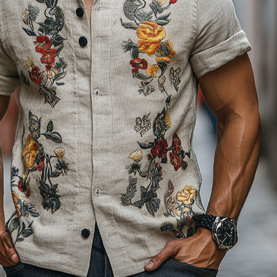 Men's Floral Embroidered Slim Fit Short Sleeve Stand Collar Shirt DTT25053021