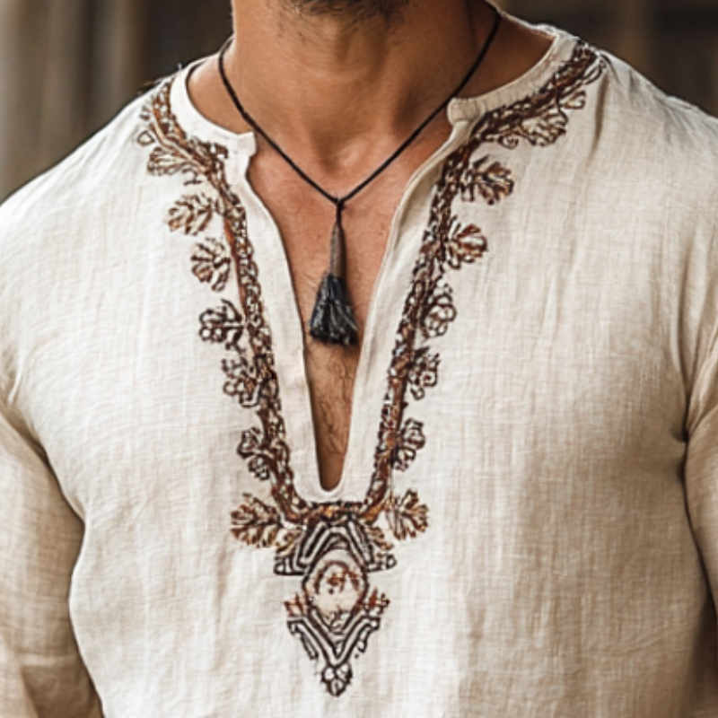 Men's Retro Casual Embroidered Linen V-Neck Long Sleeve Shirt 9901326008504