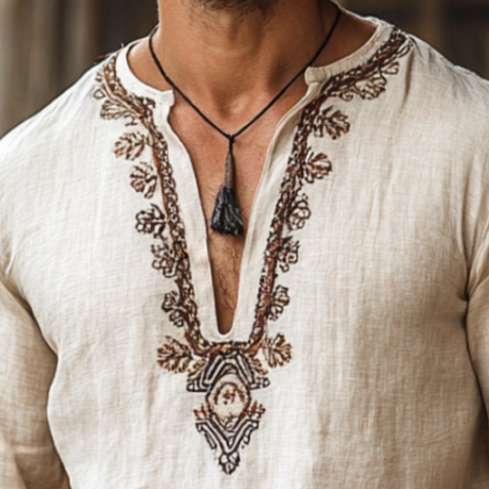 Men's Retro Casual Embroidered Linen V-Neck Long Sleeve Shirt 9901326008504