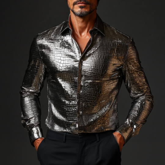 Men's Fashion Casual Slim Fit Textured Leather Long Sleeve Shirt 9899714085048