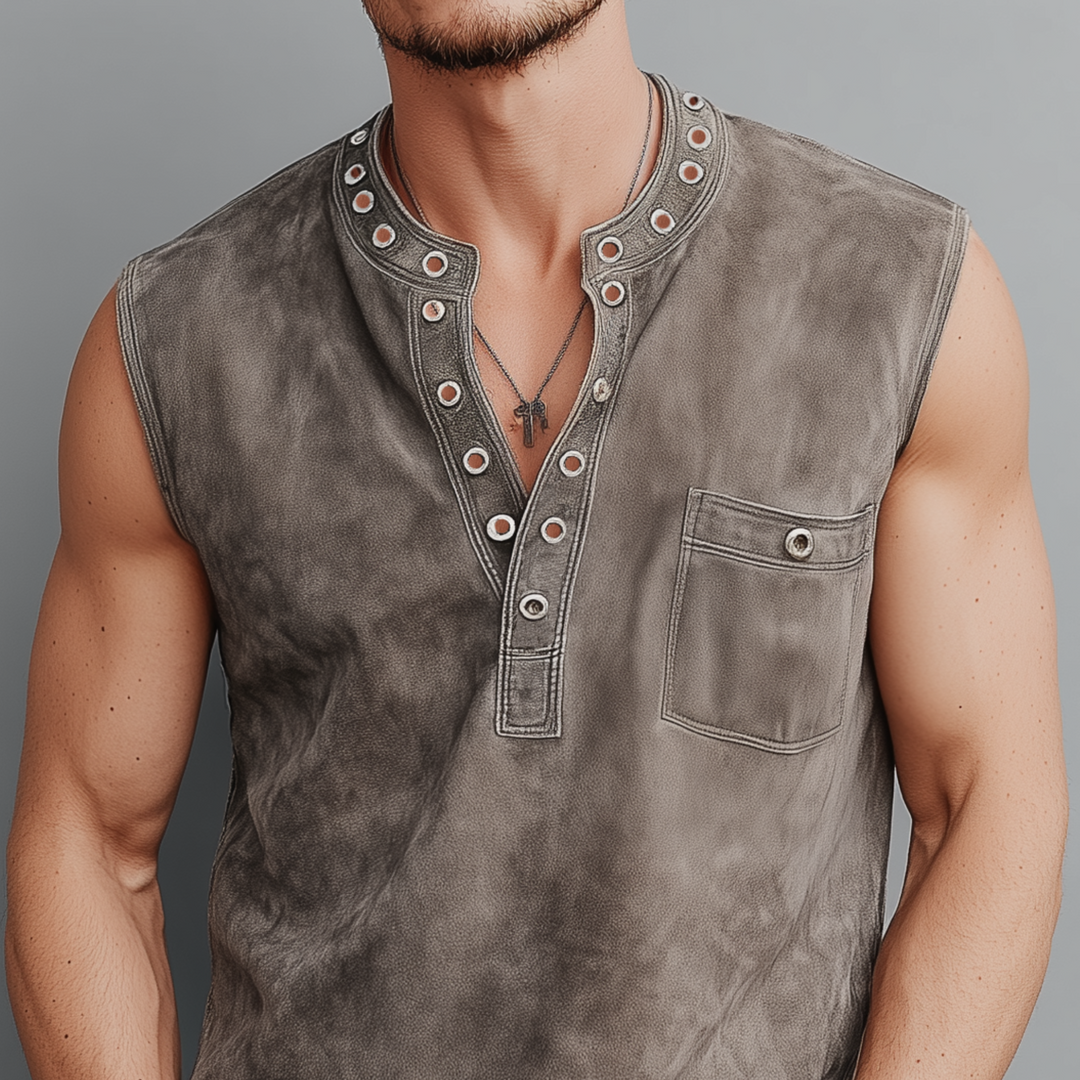 Men's Spring And Summer Casual Thin Suede Henry Collar Decorated Rivet Slim Fit Tank Top DTT25072107