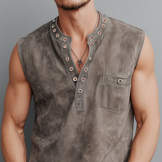 Men's Spring And Summer Casual Thin Suede Henry Collar Decorated Rivet Slim Fit Tank Top DTT25072107