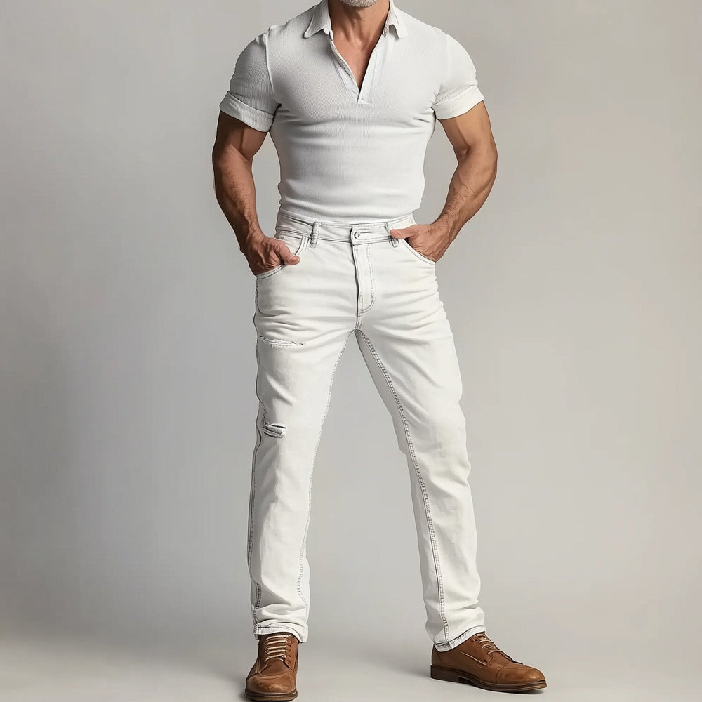 Men's Solid Slant Pocket Straight Leg Ripped Denim Jeans 9899608178872