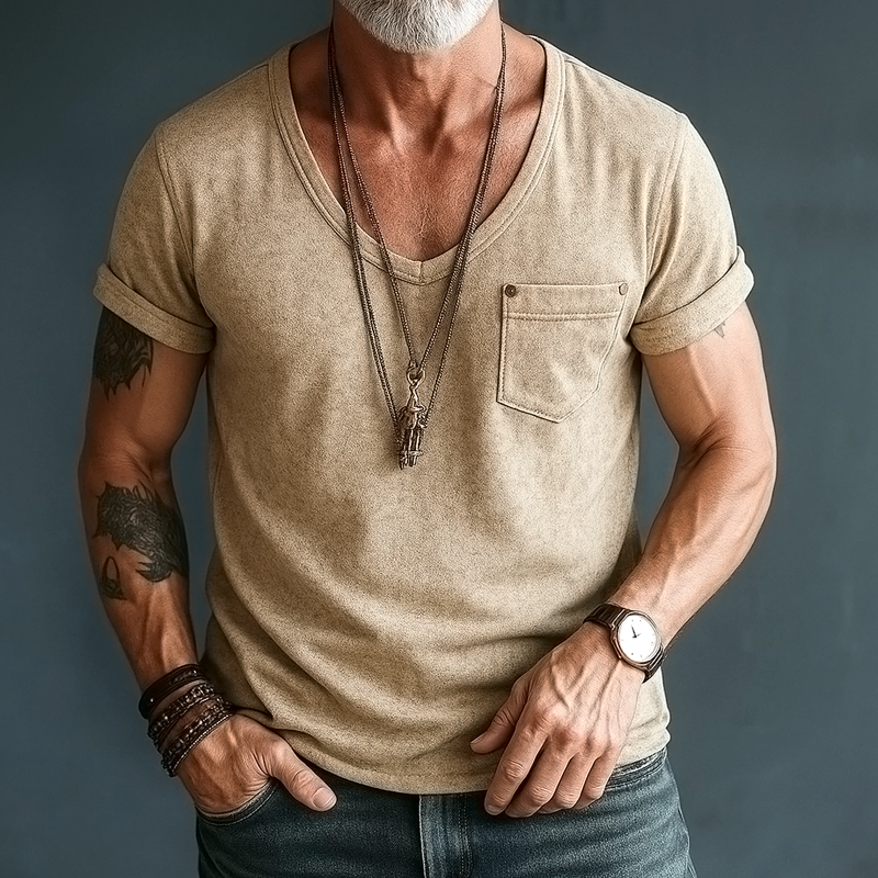 Men's Suede V Neck Chest Pocket Short Sleeve T-shirt DTT25062503