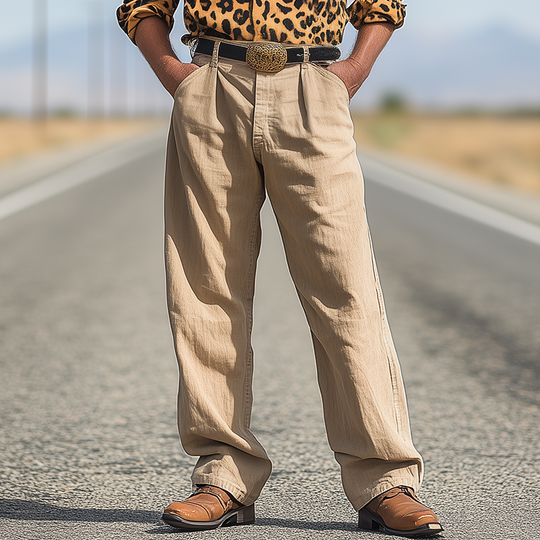 Men's Spring And Summer Fashion Western Cowboy Style Cotton And Linen Washed Loose Casual Pants DTT25060609