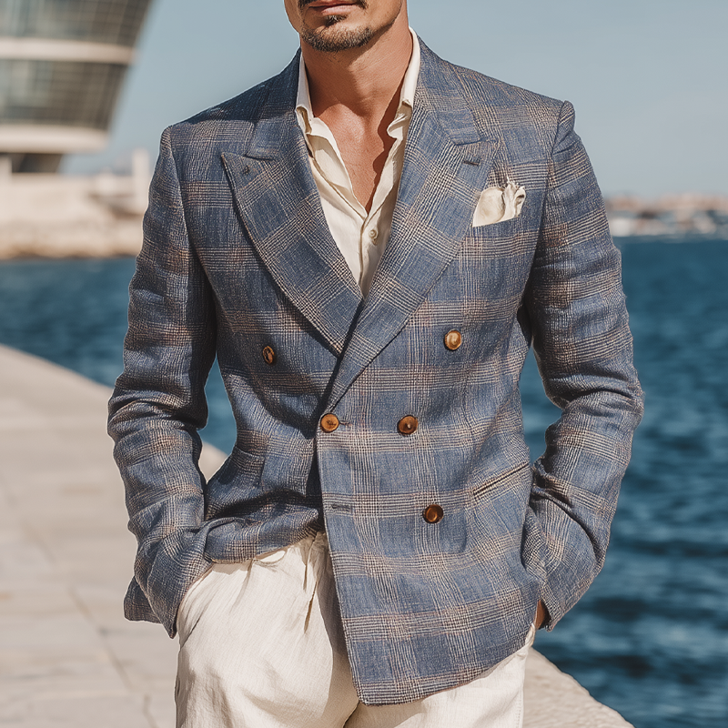 Men's Check Print Double Breasted Blazer DTT25071802
