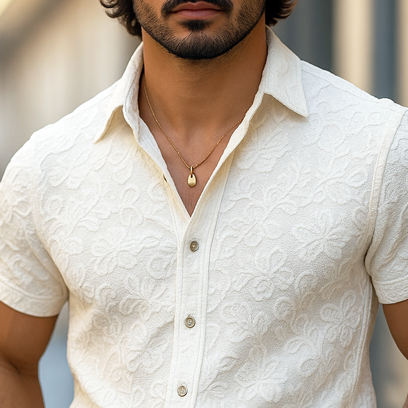 Men's Solid Color Jacquard Lapel Short Sleeve Shirt DTT25070405