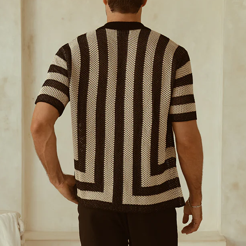 Men's Spring And Summer Fashion Casual Hollow Striped Knitted Short-sleeved Shirt DTT25070803