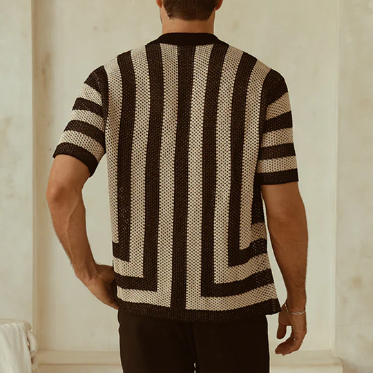 Men's Spring And Summer Fashion Casual Hollow Striped Knitted Short-sleeved Shirt DTT25070803