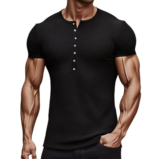 Men's Solid Color Waffle Henley Neck Short Sleeve T-shirt DTT25061707
