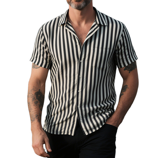 Men's Retro Casual Striped Print Lapel Short Sleeve Shirt DTT25071812
