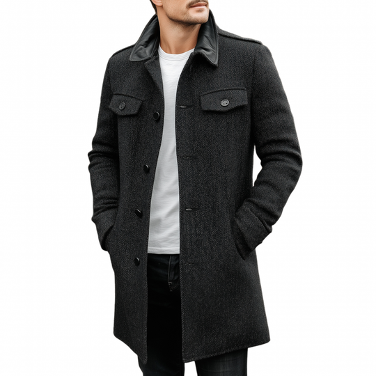 Men's Vintage Herringbone Pattern Splicing PU Lapel Single-Breasted Loose Warm Coat DTT25082506