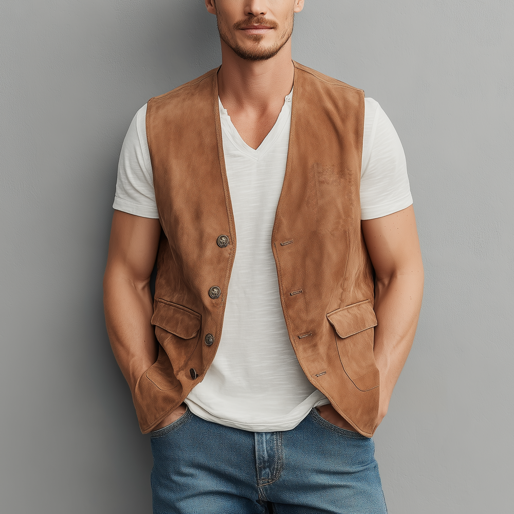 Men's Spring And Summer Casual Thin Suede Metal Button Vest DTT25072108