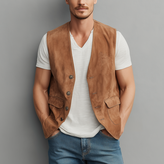 Men's Spring And Summer Casual Thin Suede Metal Button Vest DTT25072108