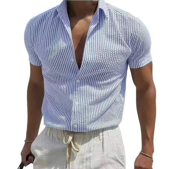 Men's Stripe Print Casual Lapel Short Sleeve Shirt DTT25080615