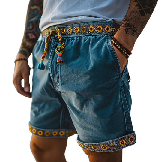 Men's Classic Spring and Summer Resort Style Floral Tencel Denim Shorts 9911548379320