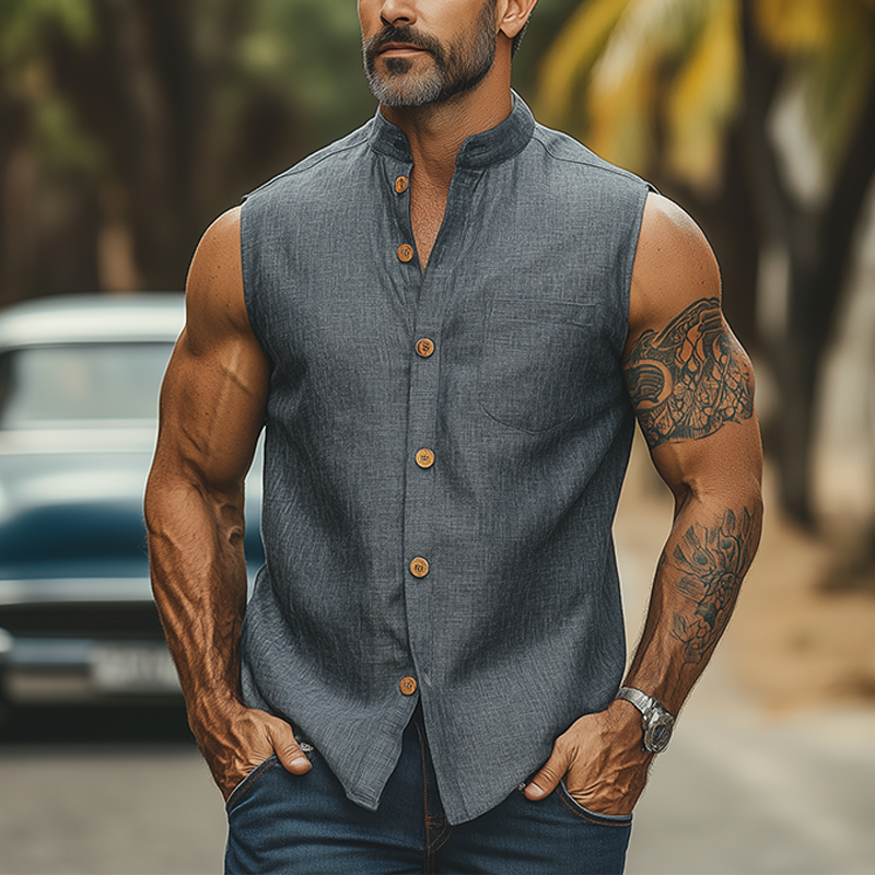 Men's Fashion Casual Classic Retro Stand Collar Tough Style Cotton And Linen Sleeveless Shirt DTT25060306