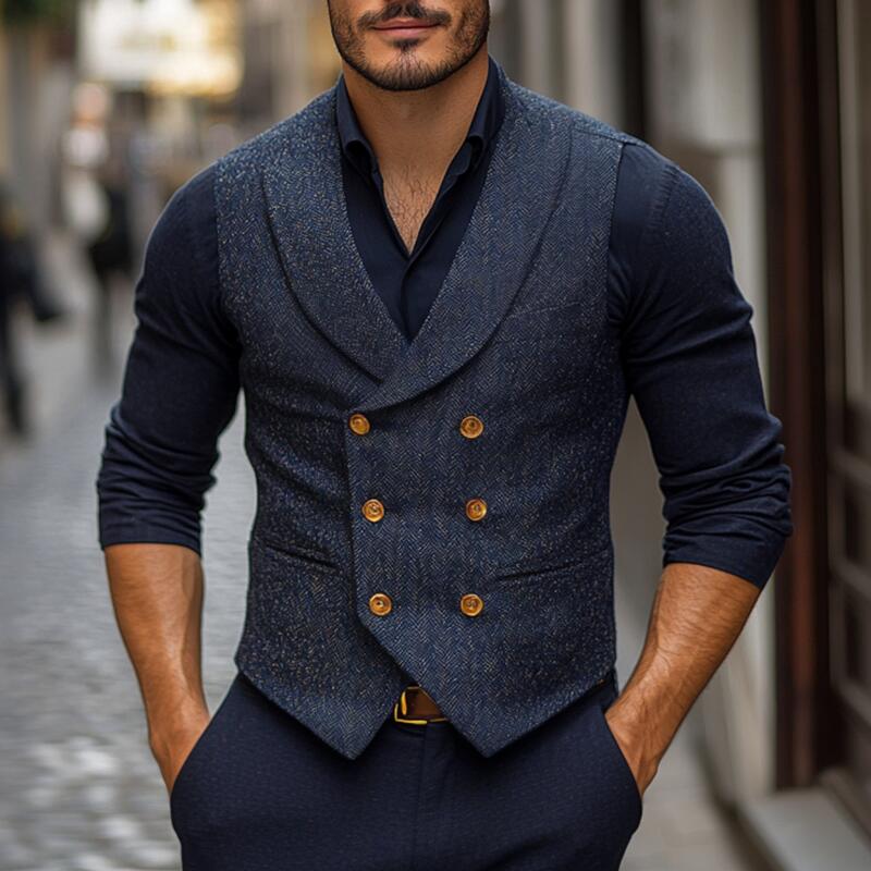 Men's Vintage Wool Blend Herringbone Shawl Collar Double-Breasted Slim-Fit Suit Vest DTT25082909