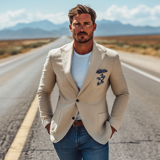 Men's Classic Casual Cotton And Linen Chest Patch Pocket Embroidery Single-breasted Slim-fit Blazer DTT25072401