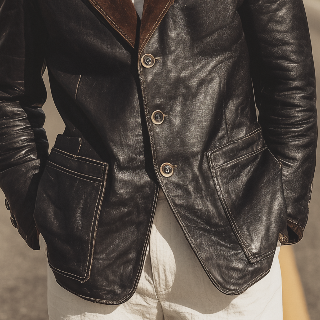 Men's Classic Retro Western Cowboy Style Suede Collar Single-breasted PU Leather Blazer DTT25081415