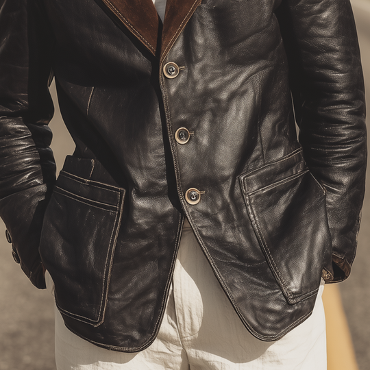 Men's Classic Retro Western Cowboy Style Suede Collar Single-breasted PU Leather Blazer DTT25081415