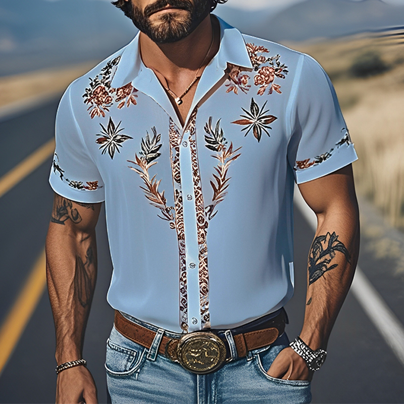 Men's Spring And Summer Fashion Casual Western Cowboy Style Light Chiffon Fabric Printed Short-sleeved Shirt DTT25060614