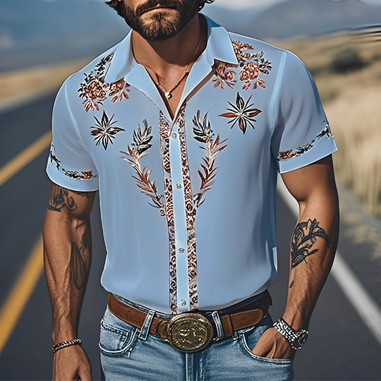 Men's Spring And Summer Fashion Casual Western Cowboy Style Light Chiffon Fabric Printed Short-sleeved Shirt DTT25060614