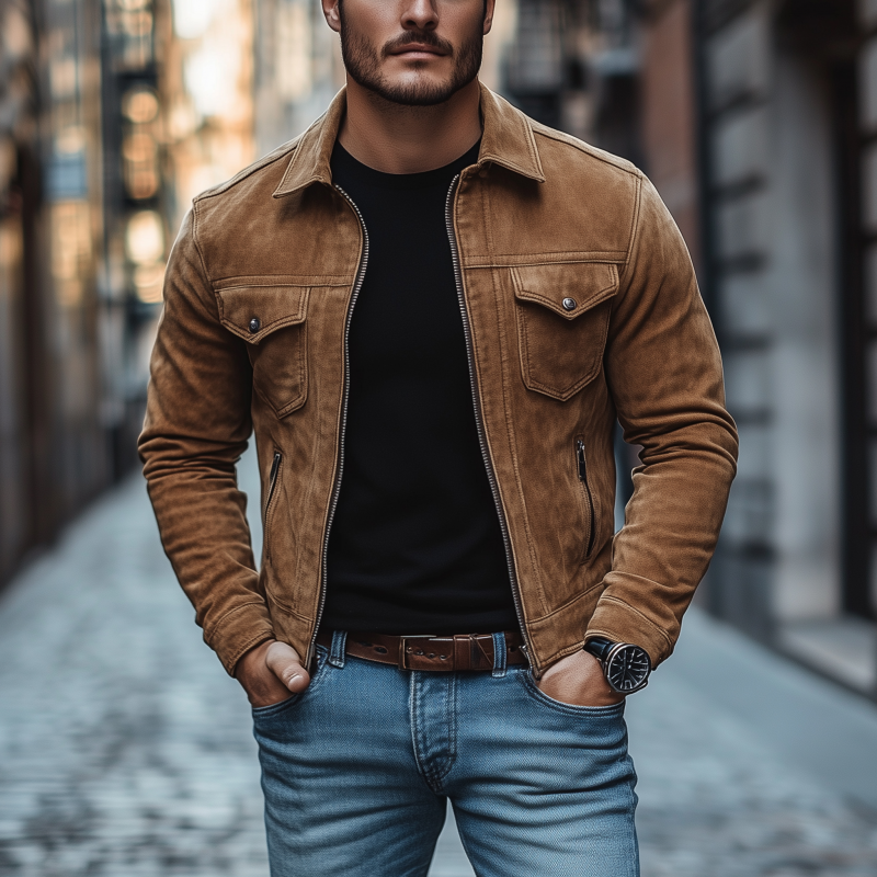 Men's Vintage Solid Color Faux Suede Lapel Zipper Placket Slim Fit Cropped Motorcycle Jacket DTT25081817