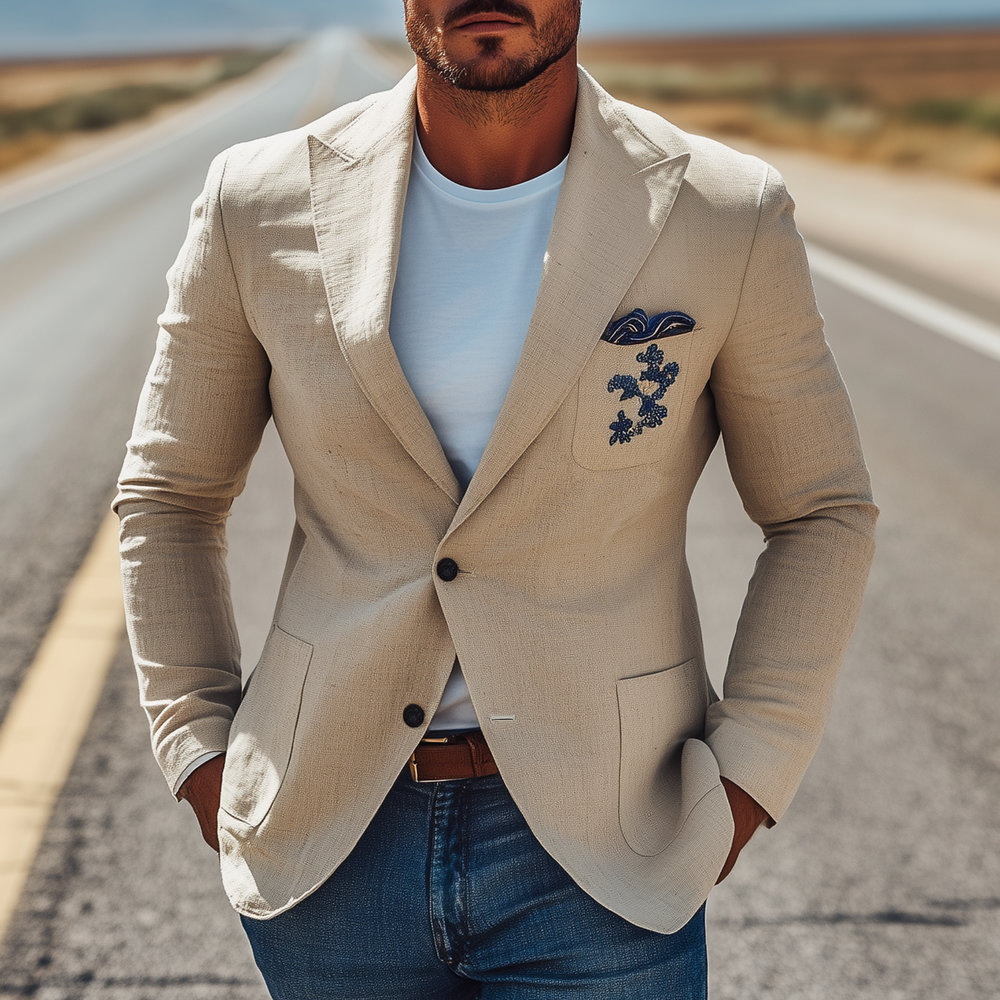 Men's Classic Casual Cotton And Linen Chest Patch Pocket Embroidery Single-breasted Slim-fit Blazer DTT25072401