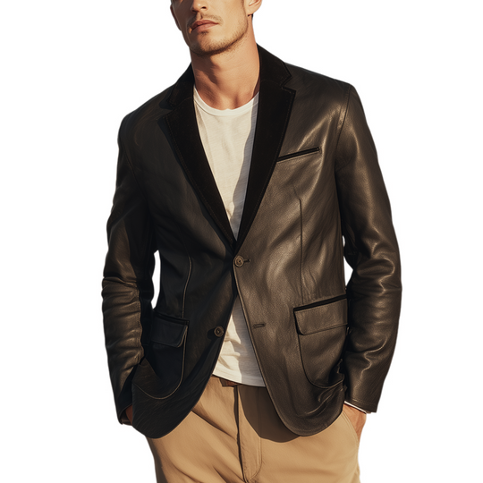Men's Classic Retro PU Leather And Suede Single-breasted Slim-fit Blazer DTT25080720