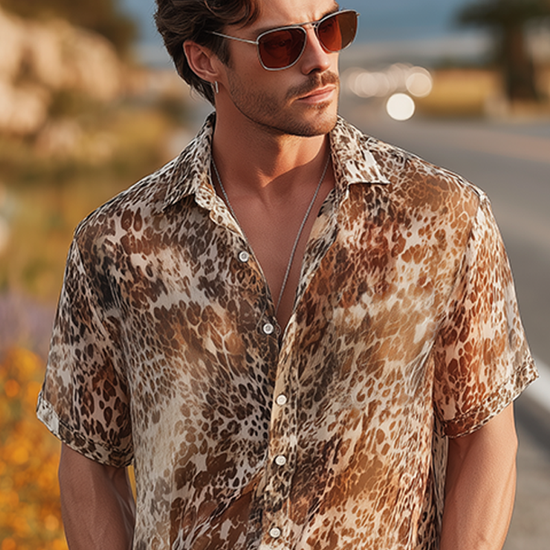 Men's Summer Fashion Casual Chiffon Slightly Transparent Sexy Leopard Print Short-sleeved Shirt DTT25070904
