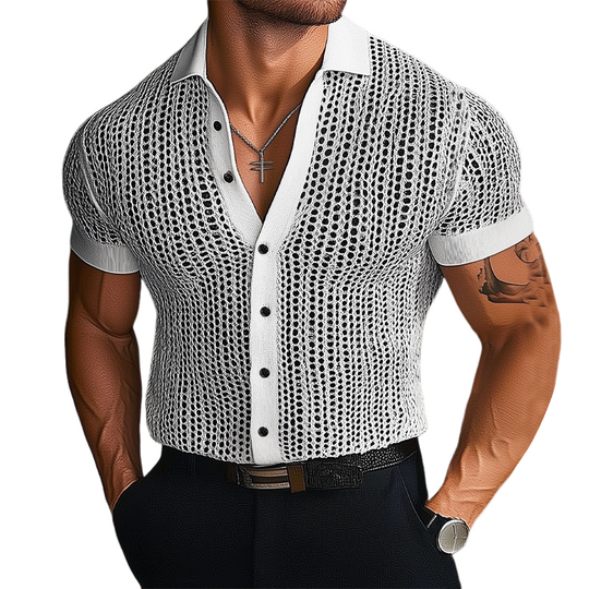 Men's Summer Slim Fit Hole Knit Short Sleeve Shirt DTT25062605