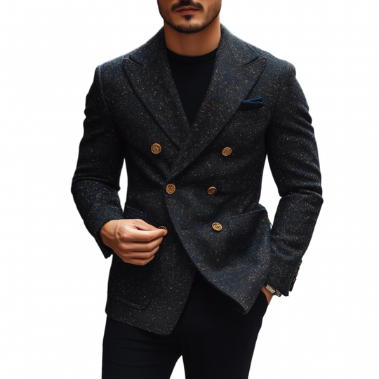 Men's Vintage Elegant Tweed Peak Lapel Double-breasted Slim-fit Blazer DTT25081413