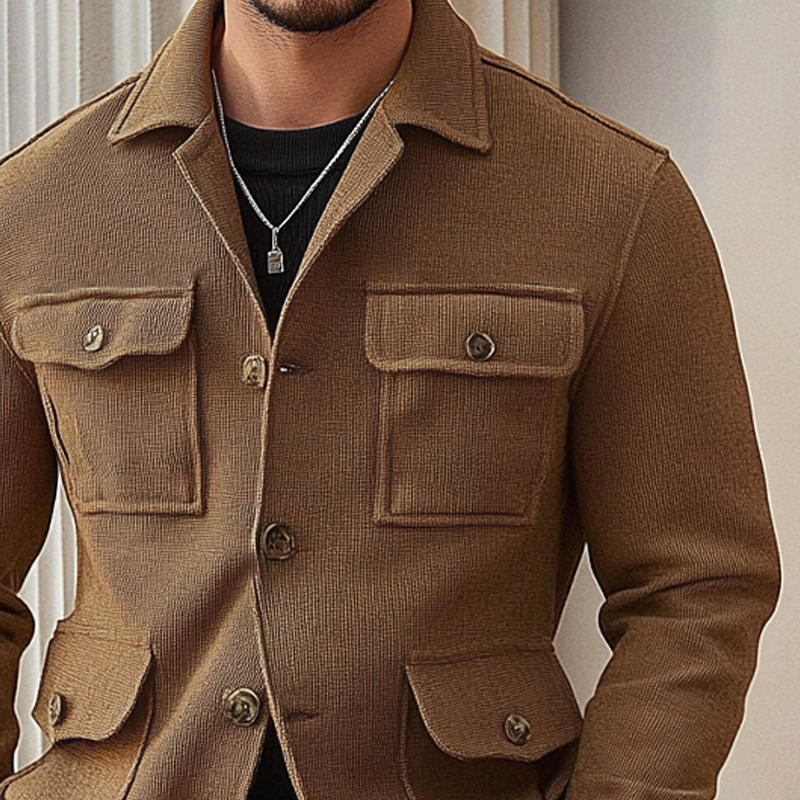 Men's Blended Multi-pocket Solid Color Lapel Jacket DTT25082516