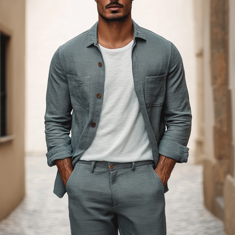 Men's Casual Breathable Linen Lapel Patch Pocket Loose Long Sleeve Shirt DTT25060910