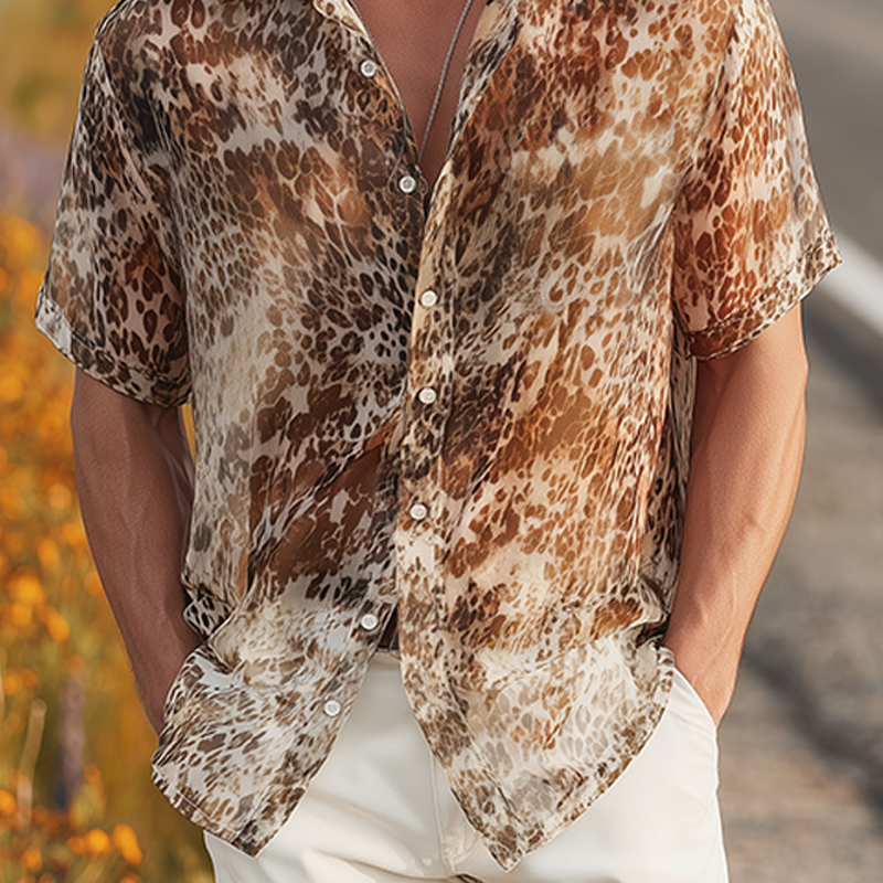 Men's Summer Fashion Casual Chiffon Slightly Transparent Sexy Leopard Print Short-sleeved Shirt DTT25070904