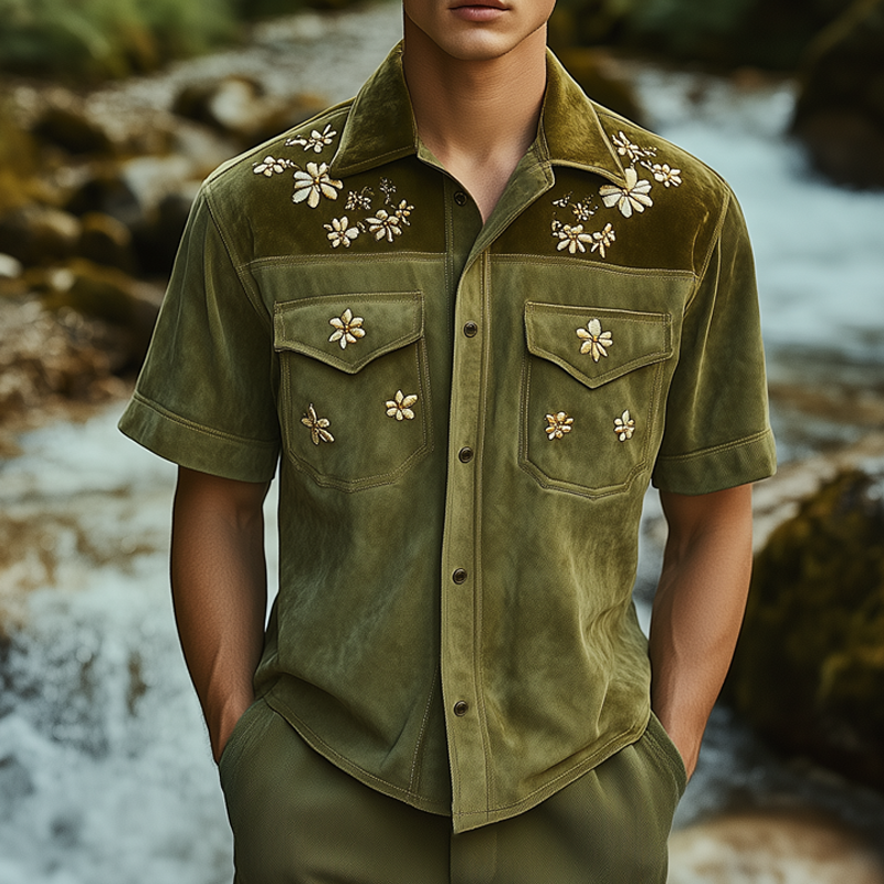 Men's Summer Floral Embroidery Colorblock Suede Short Sleeve Shirt DTT25061310