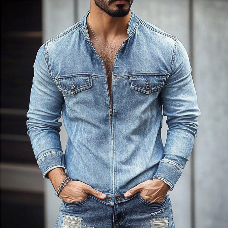 Men's Vintage Washed Distressed Stand Collar Zipper Denim Jacket DTT25072915