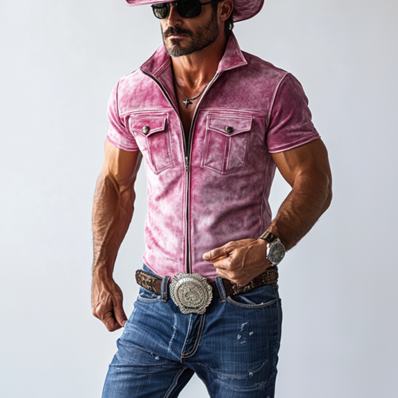 Men's Classic Casual Western Style Stand Collar Slim Suede Shirt 9903258796216