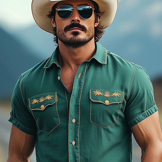 Men's Casual American Western Tough Style Cotton Blend Embroidered Slim Short Sleeve Shirt DTT25061719