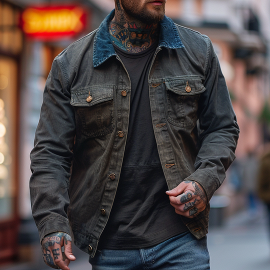 Men's Retro Casual Lapel Colorblock Denim Jacket 9899722342584