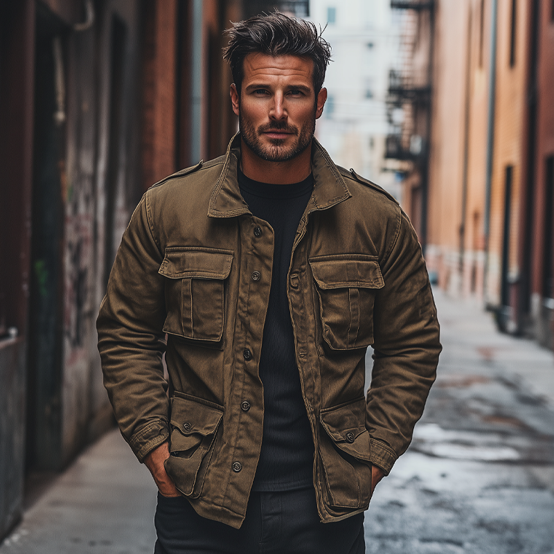 Men's Vintage Washed Canvas Multi-Pocket Loose Jacket DTT25082219