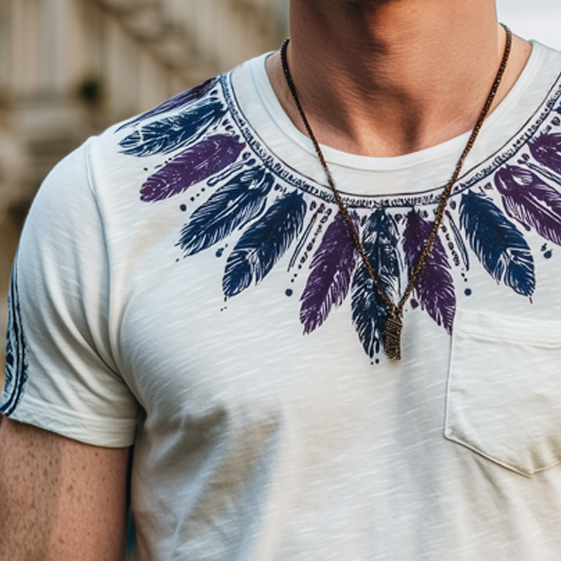 Men's Fashion Feather Print Slub Cotton Round Neck Short Sleeve T-Shirt DTT25071606