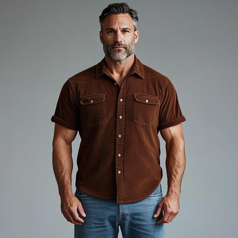 Men's Turndown Collar Button Corduroy Short Sleeve Shirt 9903588049080