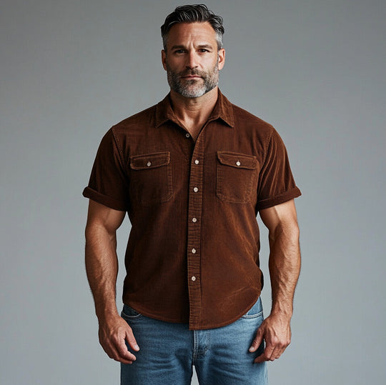 Men's Turndown Collar Button Corduroy Short Sleeve Shirt 9903588049080