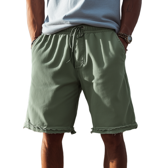 Men's Classic Casual Cotton Blend Washed Trousers With Raw Edges And Elastic Waist Shorts DTT25072812