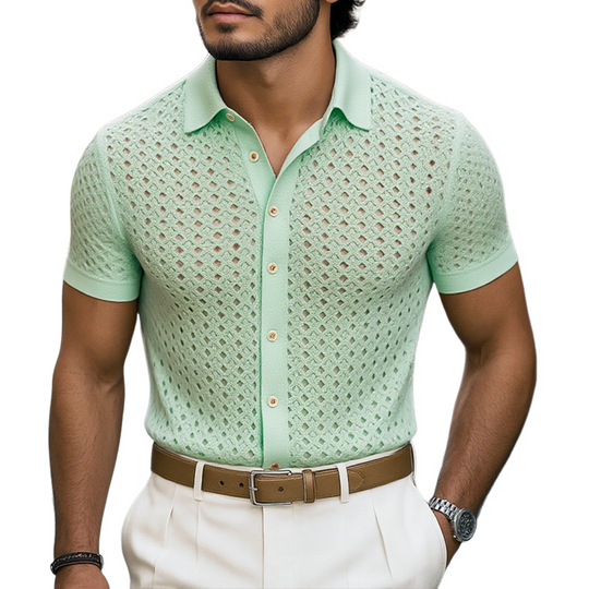Men's Solid Hollow Knit Lapel Short Sleeve Shirt DTT25062315