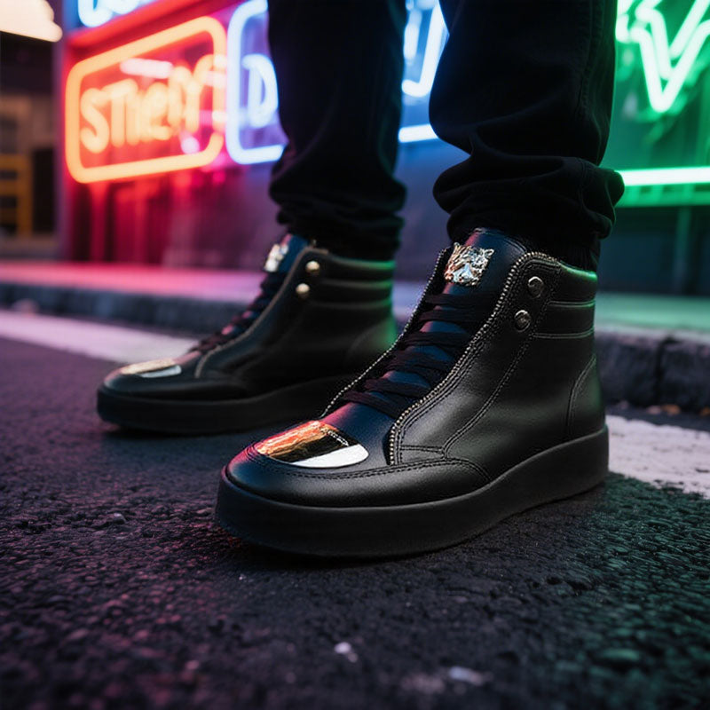 Men's Casual Solid Zipper Metal Decor Lace Up High Top PU Leather Martin Boots Dtt555008184