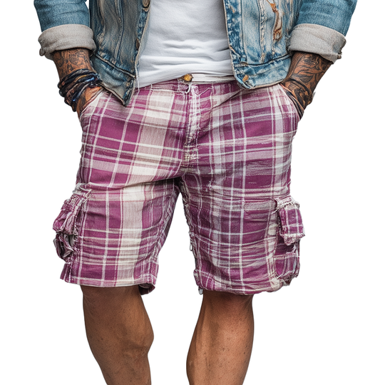 Men's Summer Linen Blend Fashion Plaid Print Casual Shorts DTT25071714